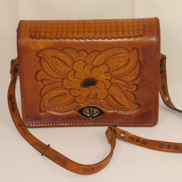 Vintage Tooled Leather Handbag Floral Shoulder Bag Western Purse - Picture 14 of 16